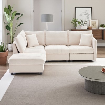 89" Modern L-Shaped Modular Sectional Sofa with Ottoman & Pillows