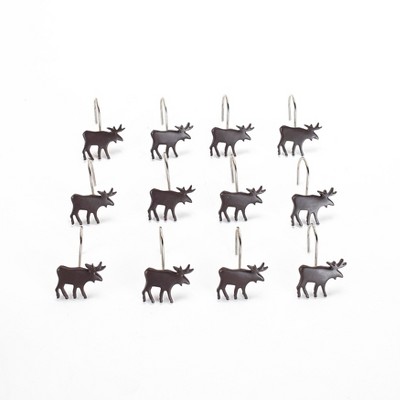 Lakeside Moose Shower Curtain Hooks - Mountain Lodge Theme Bathroom Decor - Set of 12