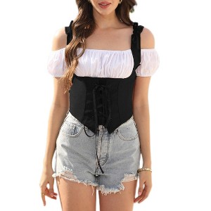 Women Costume Fake Two Piece Strappy Vintage Corset Vest Pirate Medieval Viking Steampunk Gothic Tank Top - 1 of 4