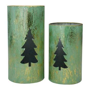 Northlight Set of 2 Rustic Green and Gold Christmas Tree Tabletop Lanterns 12"