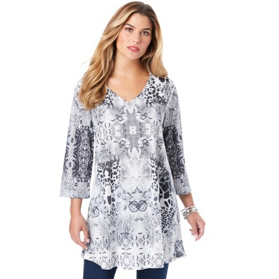 Roaman's Women's Plus Size V-Neck Printed Tunic