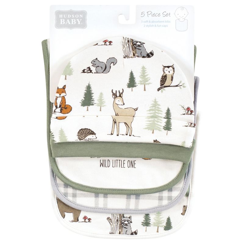 Hudson Baby Infant Boy Cotton Bib and Caps Set, Forest Animals, One Size, 2 of 6