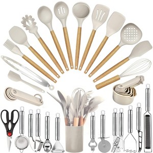 Itopfox Kitchen Utensils Set - 35-Piece Cooking Tools with Silicone Heads & Wooden Handles, Includes Spatula, Spoon, Grater for Nonstick Cookware - 1 of 4