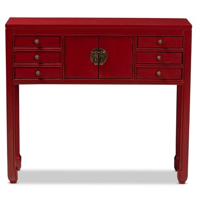 Antique Red Bayur Wood Console Table with Bronze Accents and Storage