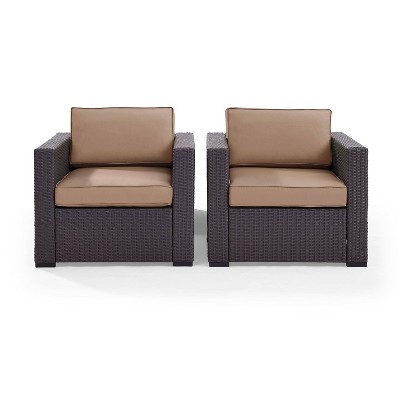 Mocha Resin Wicker Patio Arm Chairs with Cushions, Set of 2