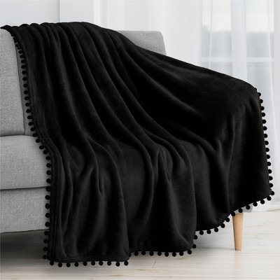 Black Fleece Pom Pom Fringe Throw Blanket