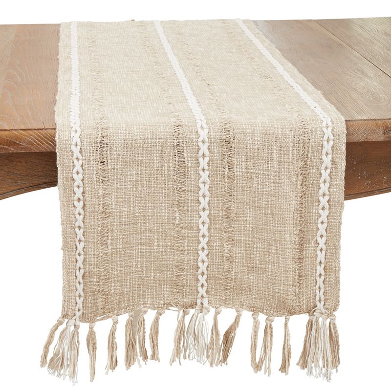 Saro Lifestyle Woven Delight Striped Table Runner with Decorative Fringe, 16"x72", Beige, 1 of 4
