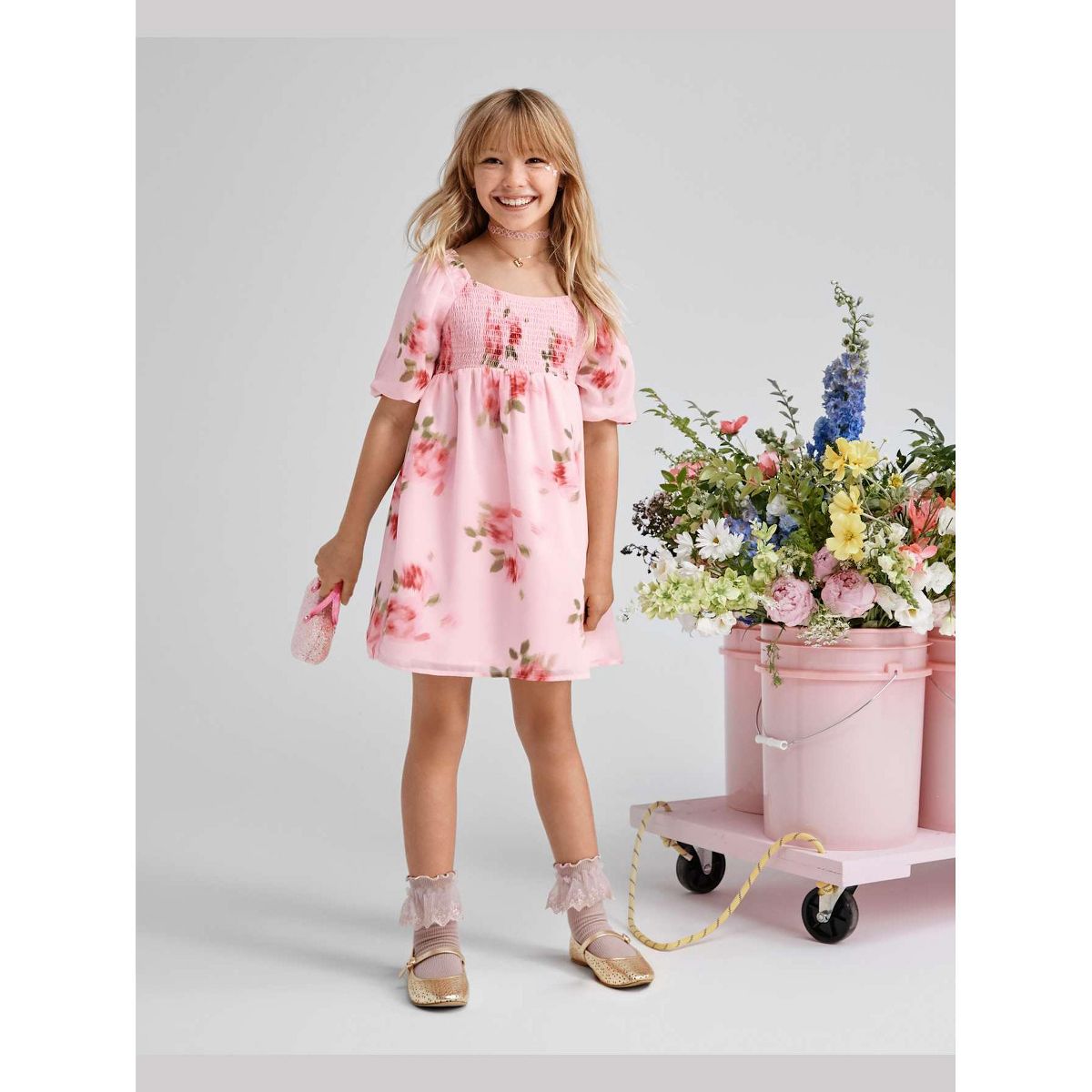 The Children's Place Girls Long Sleeve Floral Chiffon Smocked Dress
