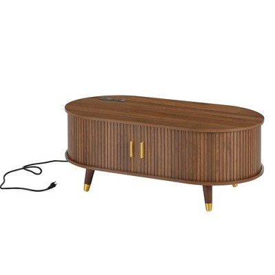 Gulches Walnut Oval MDF Indoor Coffee Table 42x22x17 Inch Mid-Century Charging Station Sliding Tambour Door