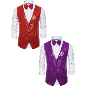 Lars Amadeus Men's Shiny Sequin Sleeveless Tuxedo Vest Set with Bow Tie 2 Packs - 1 of 4
