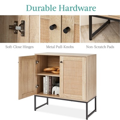 Natural Rattan 2-Door Storage Cabinet with Black Metal Legs