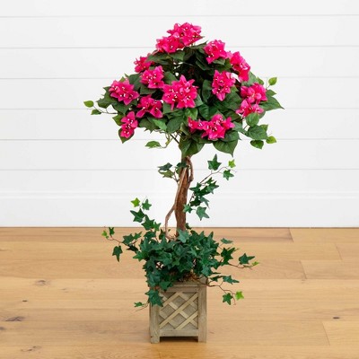 34" Pink Silk Bougainvillea Topiary with Wooden Planter