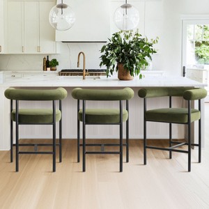 Set of 3 Velvet Upholstered Counter Height Stools, Modern Kitchen Island Stools with Armrests and Footrest for Home Bar-Maison Boucle - 1 of 4