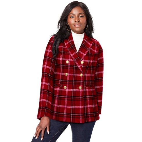 Jessica London Women's Plus Size Double Breasted Wool Blazer, 18 W - Rich  Burgundy Shadow Plaid : Target