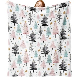 Lomsoe Pink Black Green Christmas Tree Flannel Throw Blanket, Xmas Pine Trees Stars Birthday Gifts for Kids, Winter Holiday Soft Blankets for Bed Sofa - 1 of 4
