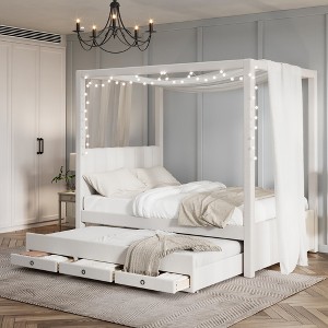TIRAMISUBEST Twin/Full Size Upholstery Canopy Platform Bed with Trundle and 3 Storage Drawers, 4-Poster Canopy Bed with Headboard - 1 of 4