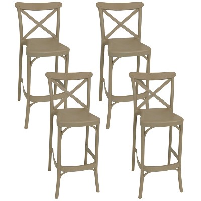 Sunnydaze Crossback Design Plastic All-Weather Commercial-Grade Fleming Indoor/Outdoor Patio Bar Stool, Tan, 4pk