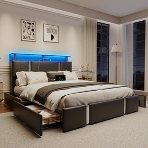 Full Upholstered Platform Bed Frame with 4 Drawers, Storage Headboard, LED Lights & Charging Station, Black - 1 of 4