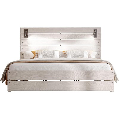 AMERLIFE Farmhouse Bed Frame, Headboard with LED Lights, Rustic Wood Look, No Box Spring Needed