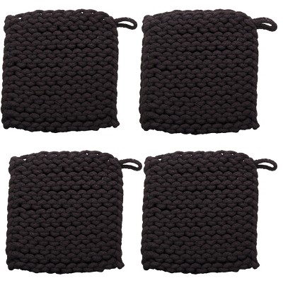 TAG Black Crocheted Cotton Trivet Potholder – 8"x8", Heat-Resistant with Hanging Loop, Machine Washable, Protect Hands and Surfaces Set of 4