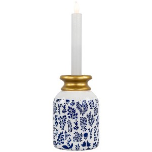 Northlight Wooden Floral Taper Candle Holder - 6"- White and Blue - 1 of 4