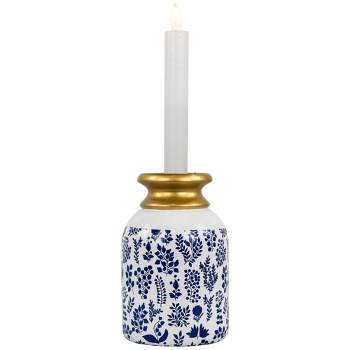 Northlight Wooden Floral Taper Candle Holder - 6"- White and Blue
