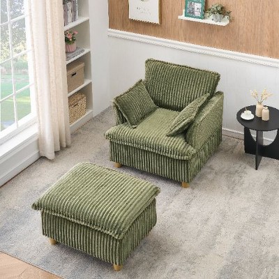 CAVINAS Single-Seat Corduroy Sofa, Sofa Couch with Ottoman and Throw Pillows, for Living Room, Balcony, Study