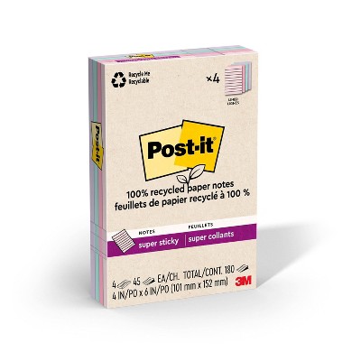 Post-it Recycled Super Sticky Notes 4"x6" Pastels: Large Unbound Multicolored Sticky Notes, 180 Sheets, 100% Recycled Paper