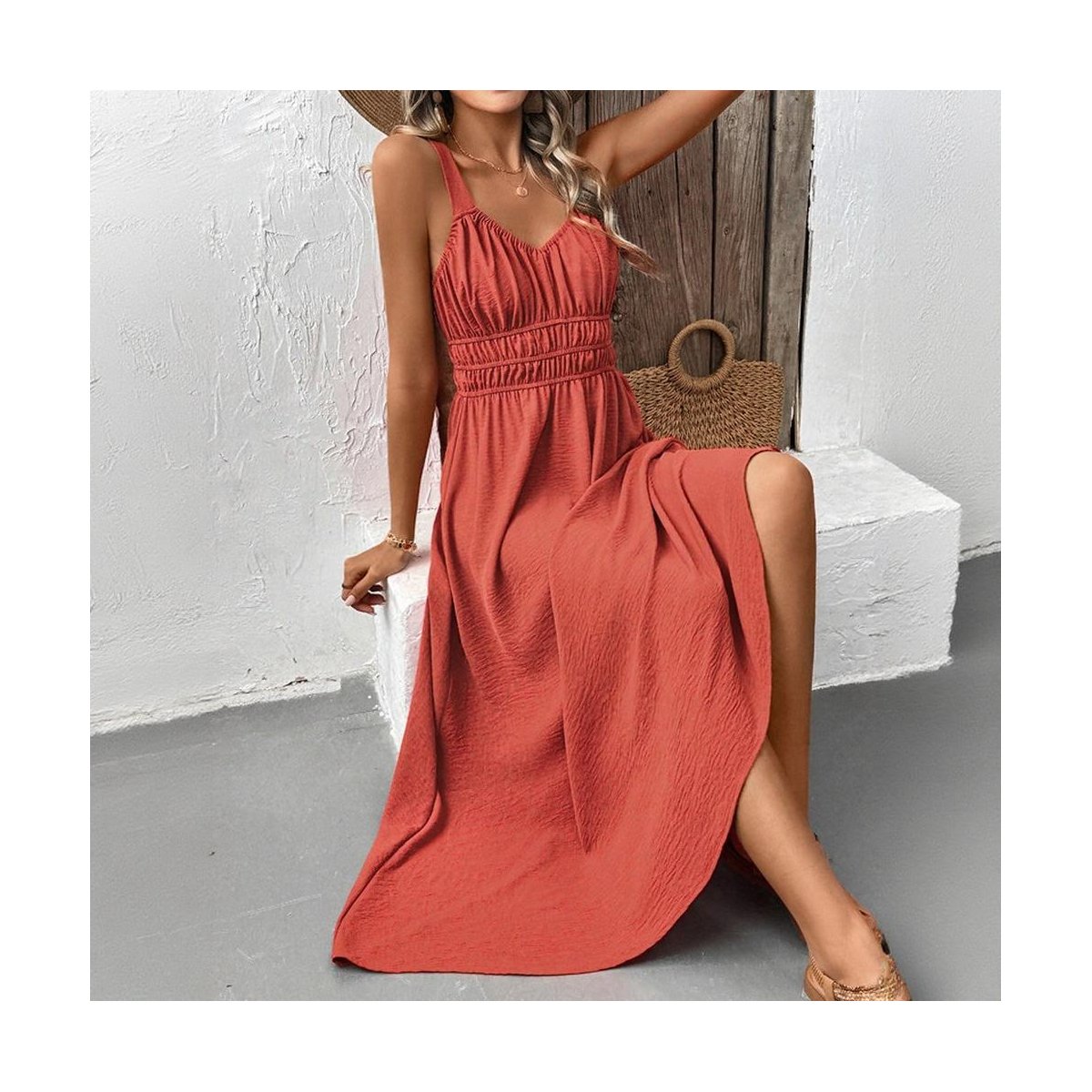 Женские платья YesFashion Womens Summer Dresses Sleeveless Button Down Smocked Waist Casual A-Line Swing Midi Dress Sundress Mahogany M — фото 5
