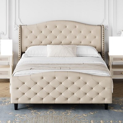 homfan Bed Frame, Linen Upholstered Bed Frame with Headboard Footboard, Modern Button Tufted and Rivets Decor, Wooden Slat Support, Noise Free