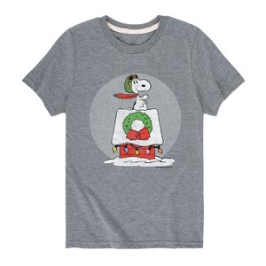 Boys' - Peanuts - Snoopy and Woodstock Christmas Skating Short Sleeve Graphic T-Shirt - 1 of 4