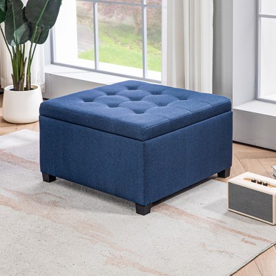 Blue Linen Tufted Storage Ottoman with Eucalyptus Wood Frame