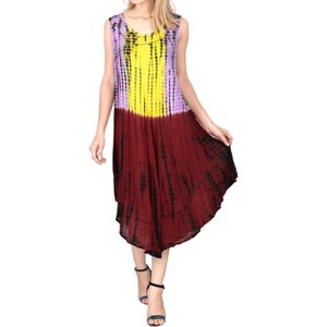 LA LEELA Women's Summer Holiday Casual Short Dress Plus Size Swing Sundress House Wear Dresses Large/X Large Purple, Tie Dye Design - 1 of 3