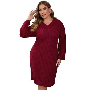 Coolmee Women's Plus Size Pullovers Sweaters Dress Long Sleeve Casual V Neck Fall Ribbed Knit Midi Sweater Dresses - 1 of 4