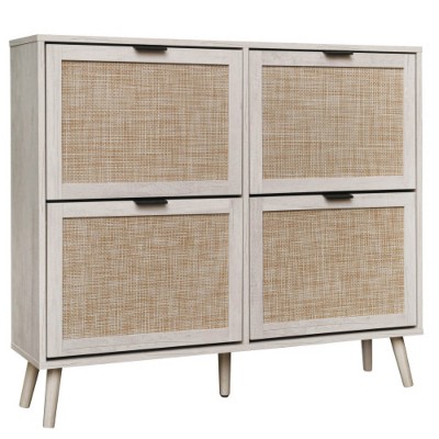 TIRAMISUBEST Freestanding 4-Door White Shoe Rack with Pine Legs-Engineered Rattan Storage for Entryway