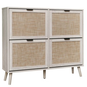 TIRAMISUBEST Freestanding 4-Door White Shoe Rack with Pine Legs-Engineered Rattan Storage for Entryway - 1 of 4