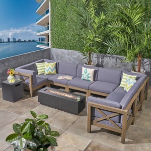 Christopher Knight Home Dick U Shape Outdoor 10 Piece Acacia Wood Sectional Set with Fire Pit and Side Table - 1 of 4