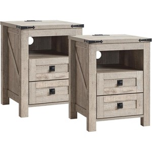 Nightstand Set of 2, Farmhouse End Table with Charging Station & 2 Drawers, 18″ Wood Bedside Table for Bedroom/Living Room/Hallway - 1 of 4
