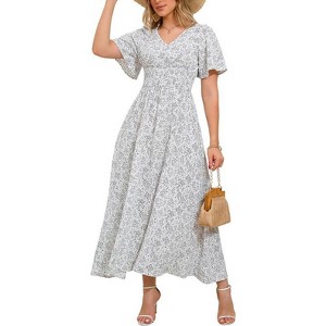 Clearlove Women's Floral Print V-Neck Ruffle Short-Sleeved Waist tie Dress Maxi Dress - 1 of 4