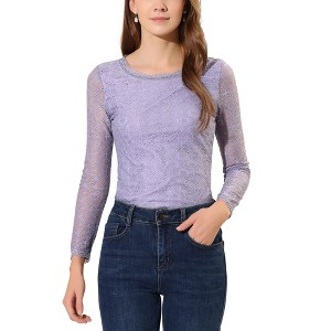 Allegra K Women's Slim Fit Sheer-Long-Sleeves Flower Embroidery Lace Top - 1 of 4