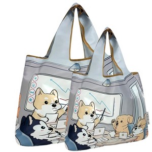 Wrapables Large & Small Foldable Nylon Reusable Shopping Grocery Bags (Set of 2), Dogs in Charge - 1 of 4