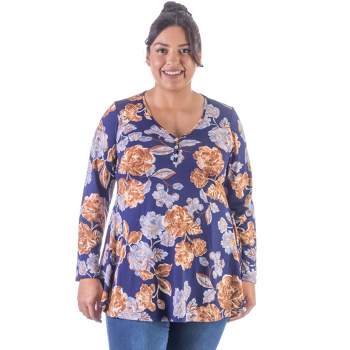 24seven Comfort Apparel Womens Blue Floral Long Sleeve V Neck Plus Size Tunic Top