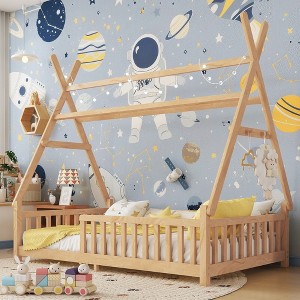 Whisen Twin House Bed with Light, Low Floor House Bed with Fence and Roof, Safety Design - 1 of 4