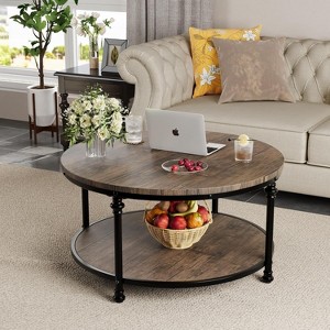 Coucheta 30.5/34.5" Round Coffee Table - 2-Tier Farmhouse Wood & Metal Design with Storage Shelf - 1 of 4