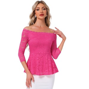 Allegra K Women's Elegant Lace Floral Semi Sheer 3/4 Sleeve Off Shoulder Peplum Top - 1 of 4