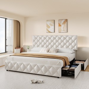 Bed Frame with 4 Storage Drawers, Adjustable Headboard, Linen Upholstered Platform, Wooden Slats Support, No Box Spring Needed - 1 of 4