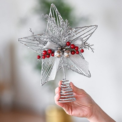 Silver Glitter Metal Star Tree Topper with Red Berries