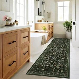 Washable Floral Runner Rug - Non-Slip Rubber Backing, Low-Pile Farmhouse Entryway Carpet, Foldable & Non-Shedding - 1 of 4