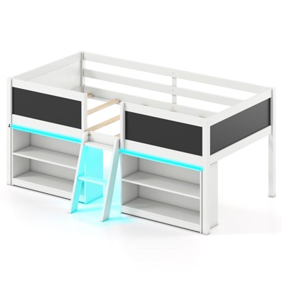 Safstar Low Loft Bed Twin Size Wooden Bed Frame Kid’s Cabin Bed with Bookcases White