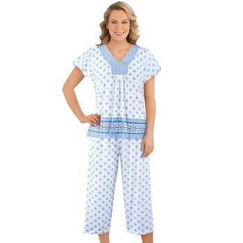 Collections Etc Border Floral Print Capri Pajama Set with Short Sleeve V Neck Shirt, Comfy Lounge and Sleeping Apparel